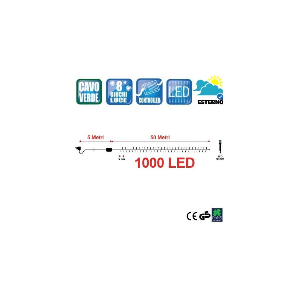 Trade Shop - Catena Luminosa 1000 Luci Led Lucciole Blu Controller 8 Funzioni Interno Esterno -