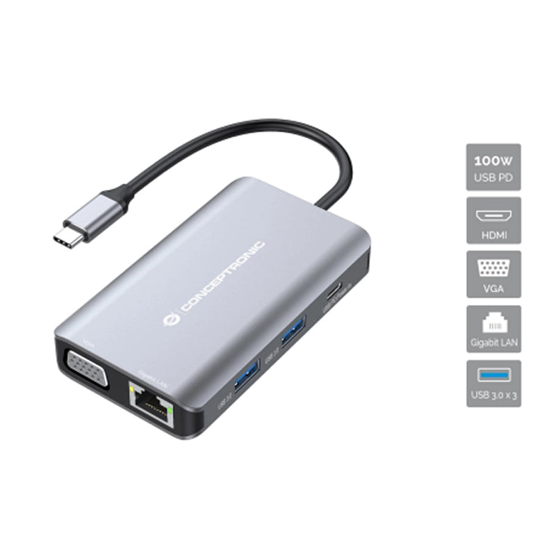 CONCEPTRONIC DONN21G - DOCKING STATION 7-IN-1 USB-C (M) 3.2 / HDMI, VGA, GBE, USB-A 3.0, 100W USB PD