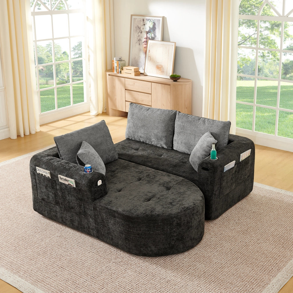 Divano Angolare L Form con Braccioli e Portabicchieri ¨C MINIMAL ¨C Tessuto Lino Beige