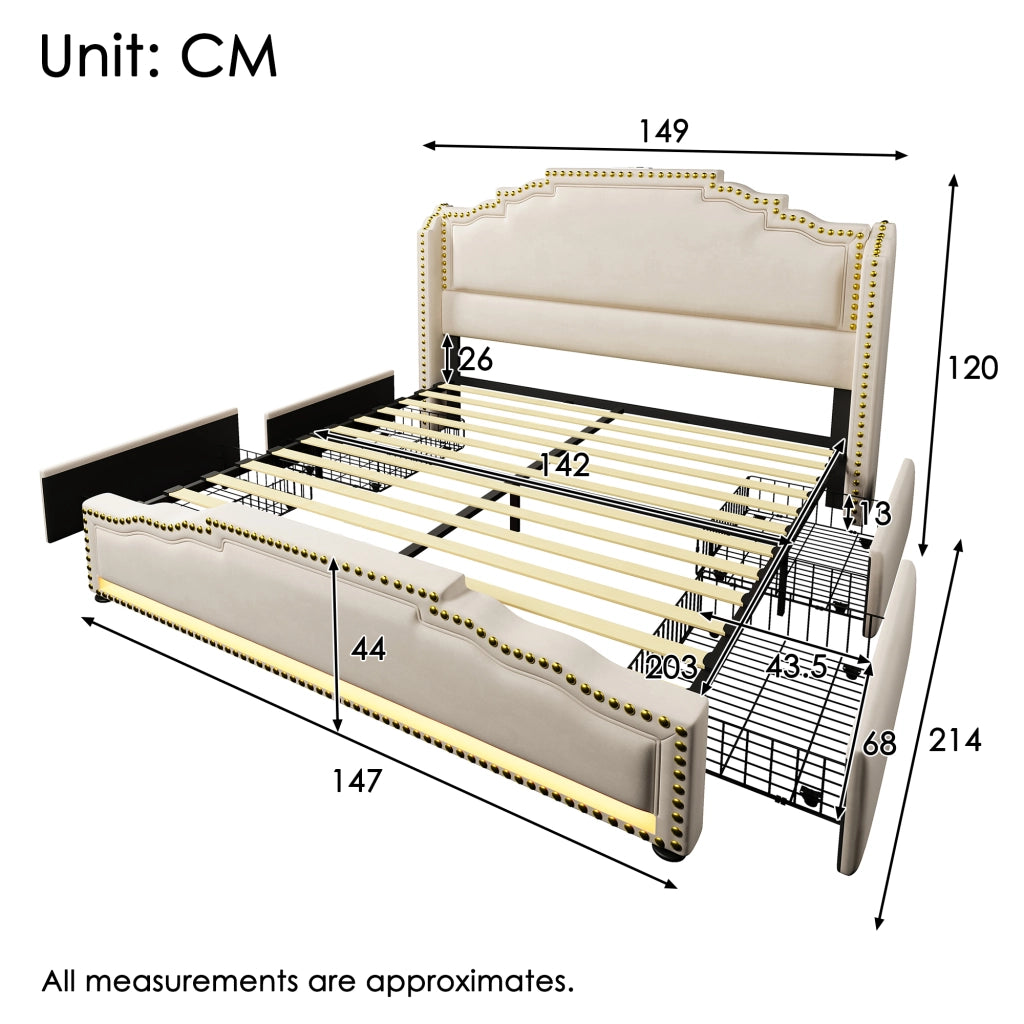 Letto matrimoniale – 140x200 cm – 4 cassetti LED USBC – velluto beige