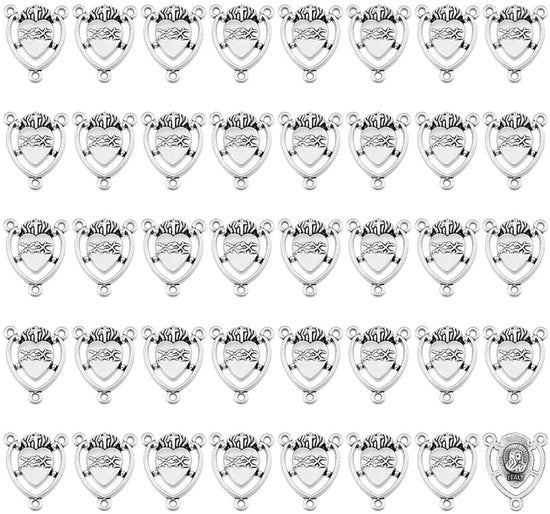 Fibra di Rosa Mediana 40 Pezzi - Connettore - Lega - Forma a Cuore - Argento Antico - Stile Tibetano - Porta Religiosa - Medaglione da Preghiera