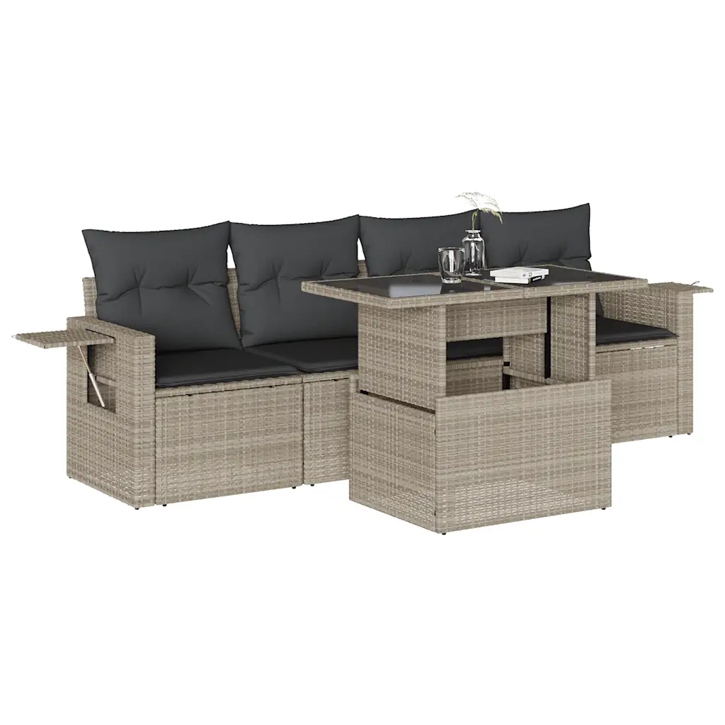 Set Divano da Giardino 5pz con Cuscini Grigio Chiaro Polyrattan