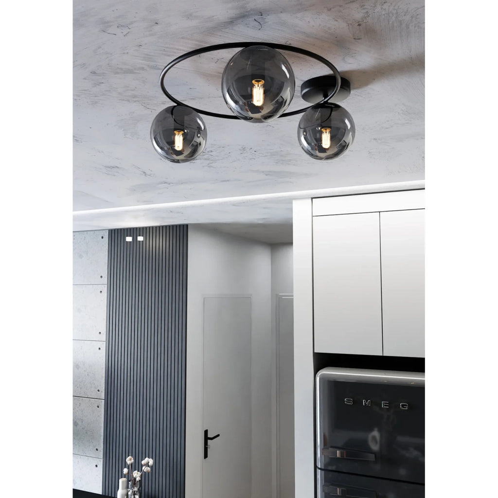 Plafoniera Minimal 3 Luci Perseo In Acciaio Nero E Sfere In Vetro Fumè