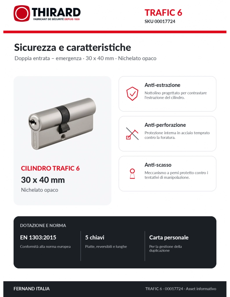 Cilindro europeo TRAFIC 6 30 x 40 mm, nichelato, funzione emergenza, 5 chiavi – THIRARD