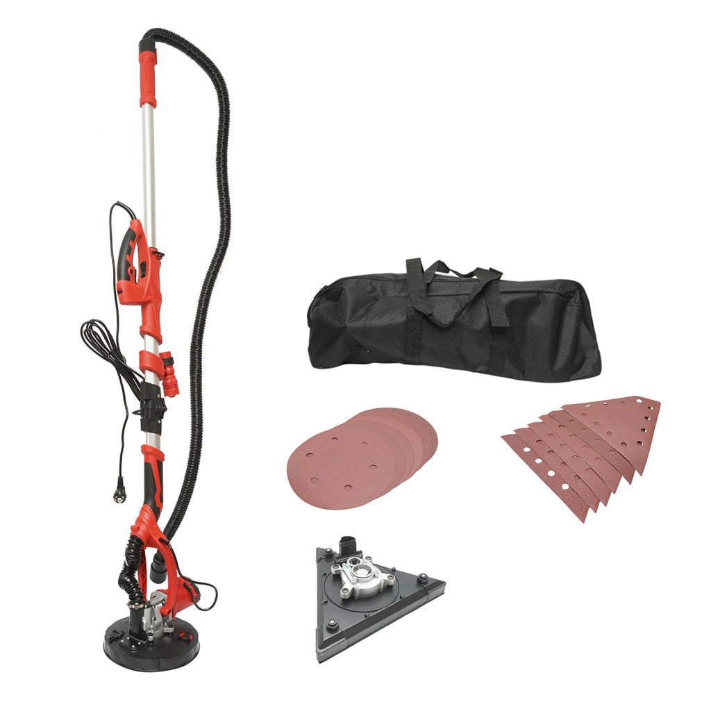 Levigatrice pieghevole a giraffa per pareti e soffitti con funzione di aspirazione, 710W, 220V, velocità 800-1800 giri/min, 2 testine rotonde/triangolari, illuminazione a LED, 12 dischi inclusi.