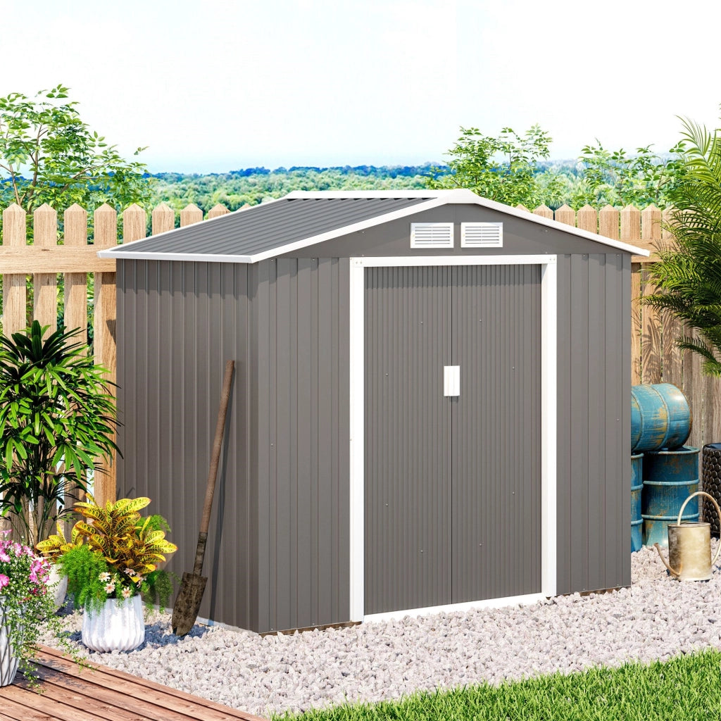 EasyComfort Casetta da Giardino Porta Utensili in Lamiera con Porte Scorrevoli, 213x130x185 cm, Grigio