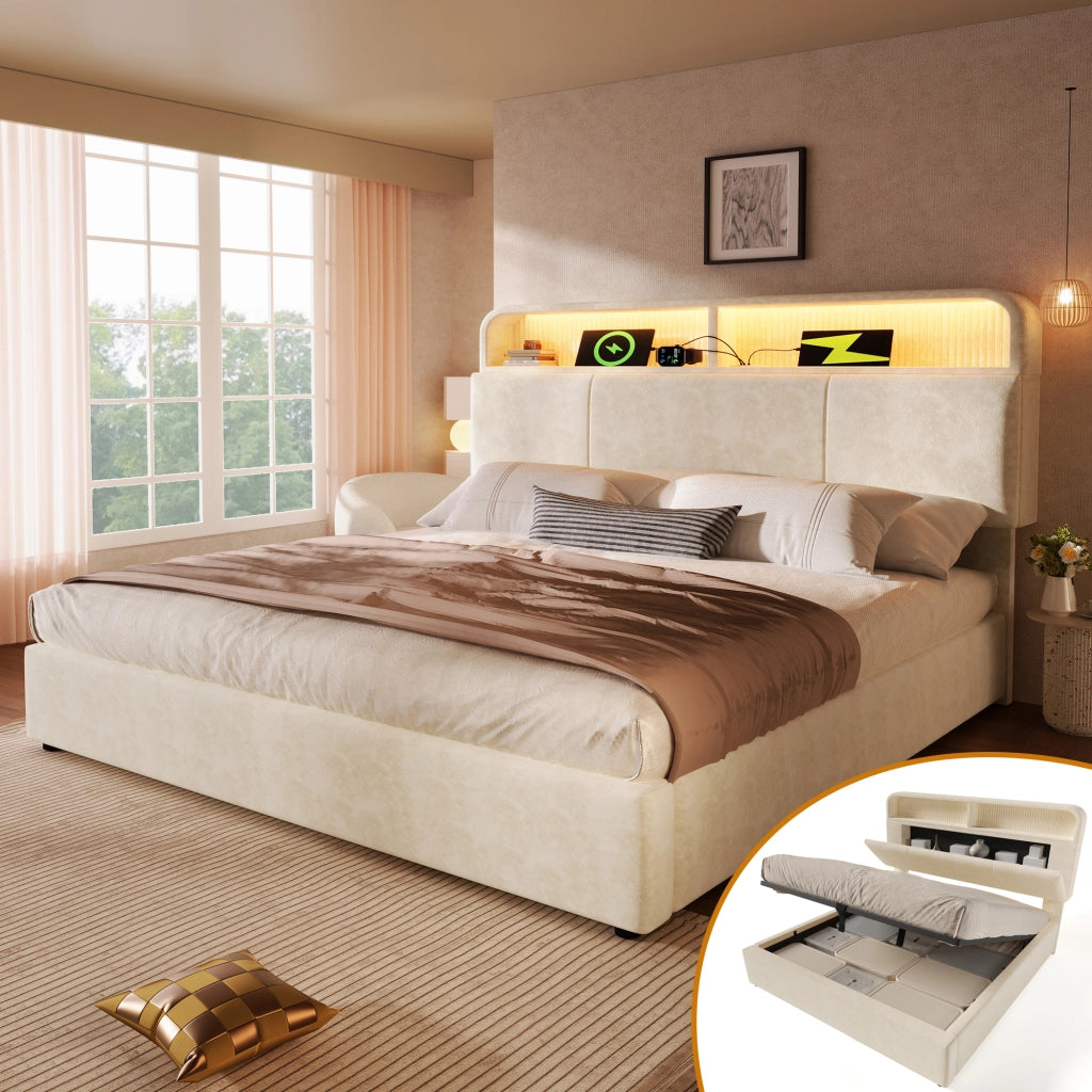 Letto matrimoniale contenitore 180x200 cm con testiera regolabile portaoggetti; LED; USB; USB-C e rete a doghe; velluto beige