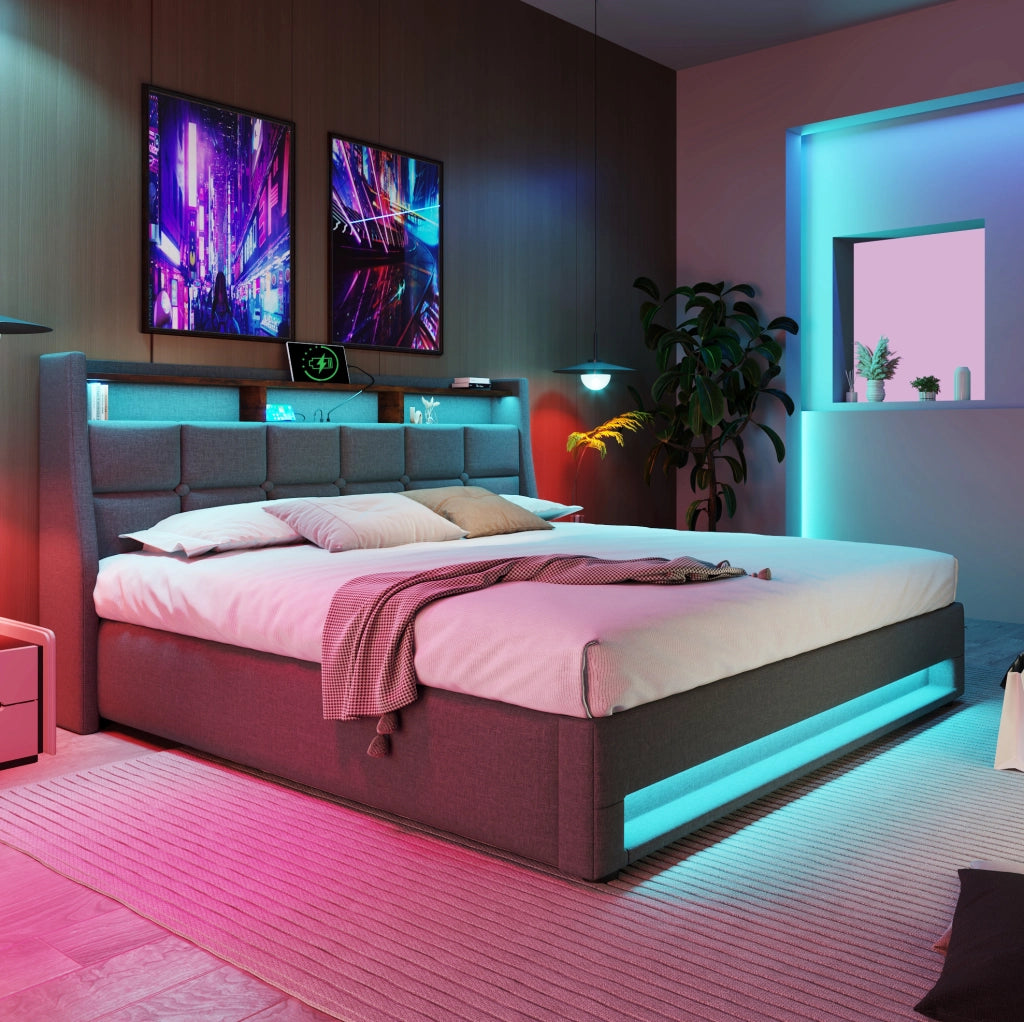 Letto imbottito 180x200 cm con LED, USB e contenitore