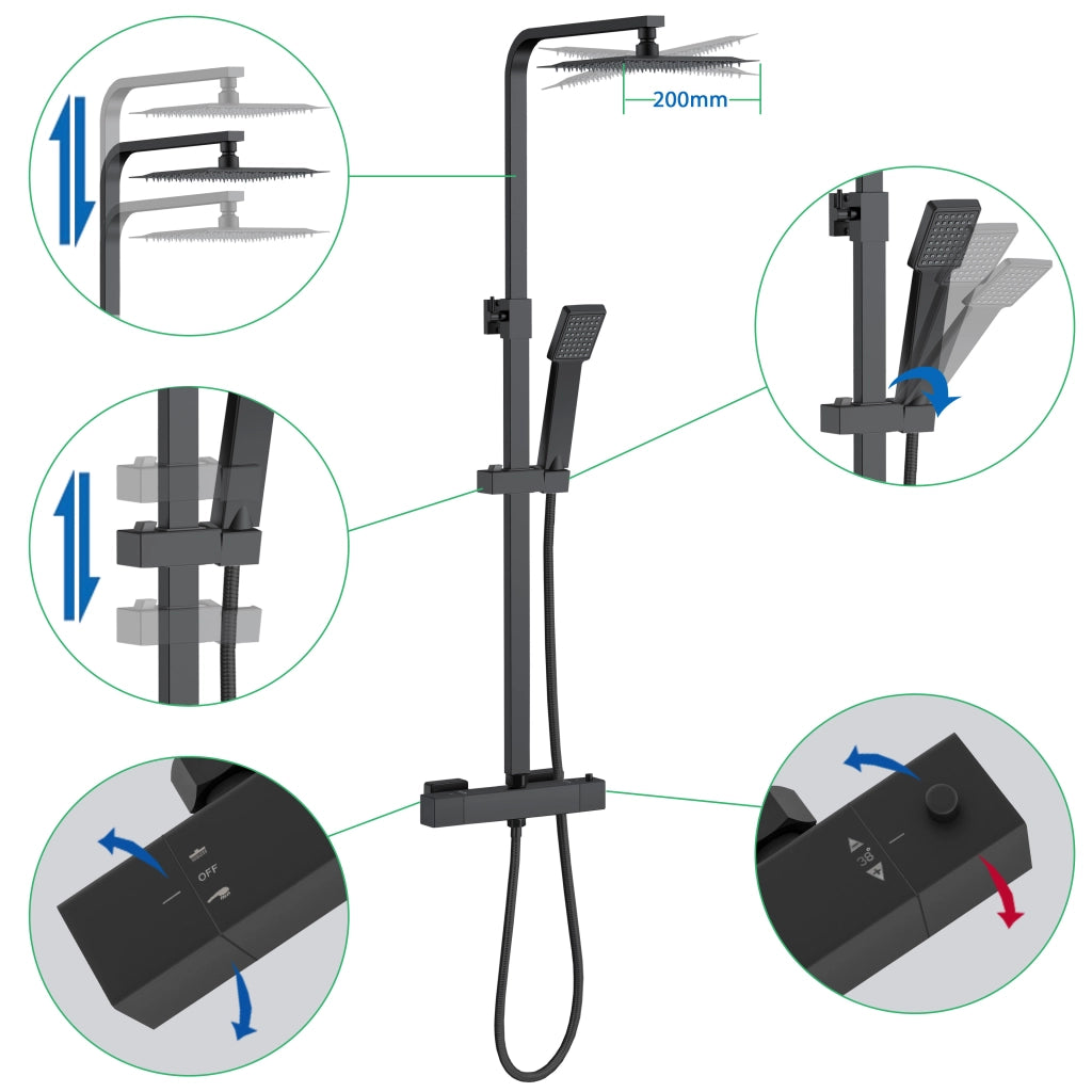 AICA ITALY Sistema Doccia con Miscelatore Termostatico a 38℃ e Soffione Quadrato Altezza Regolabile 73-115cm Nero