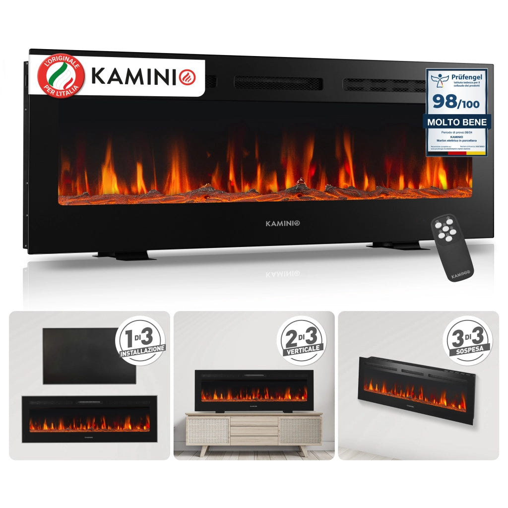 KAMINIO Camino elettrico MARLON - Camino elettrico 3 in 1 con riscaldatore, effetto fiamma 3D, 12 colori di fiamma, telecomando - 50 pollici