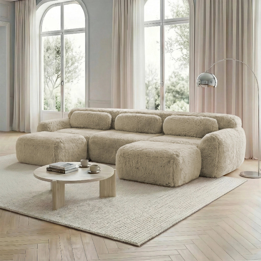 Divano Modulare a U ¨C Xylo ¨C Tessuto Peluche, con Cuscini, Chiaro
