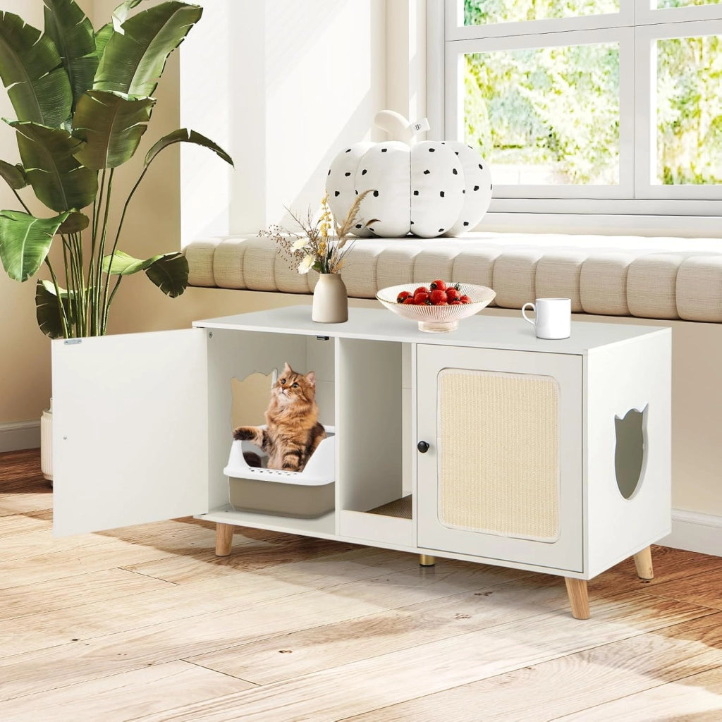 Lettiera Chiusa per Gatti 108 x 50 x 60 cm, Mobile per Lettiera Nascosta per Gatti con 2 Tappetini in Sisal e Ingresso a Forma di Testa di Gatto, Casetta per Animali Domestici (Bianco)