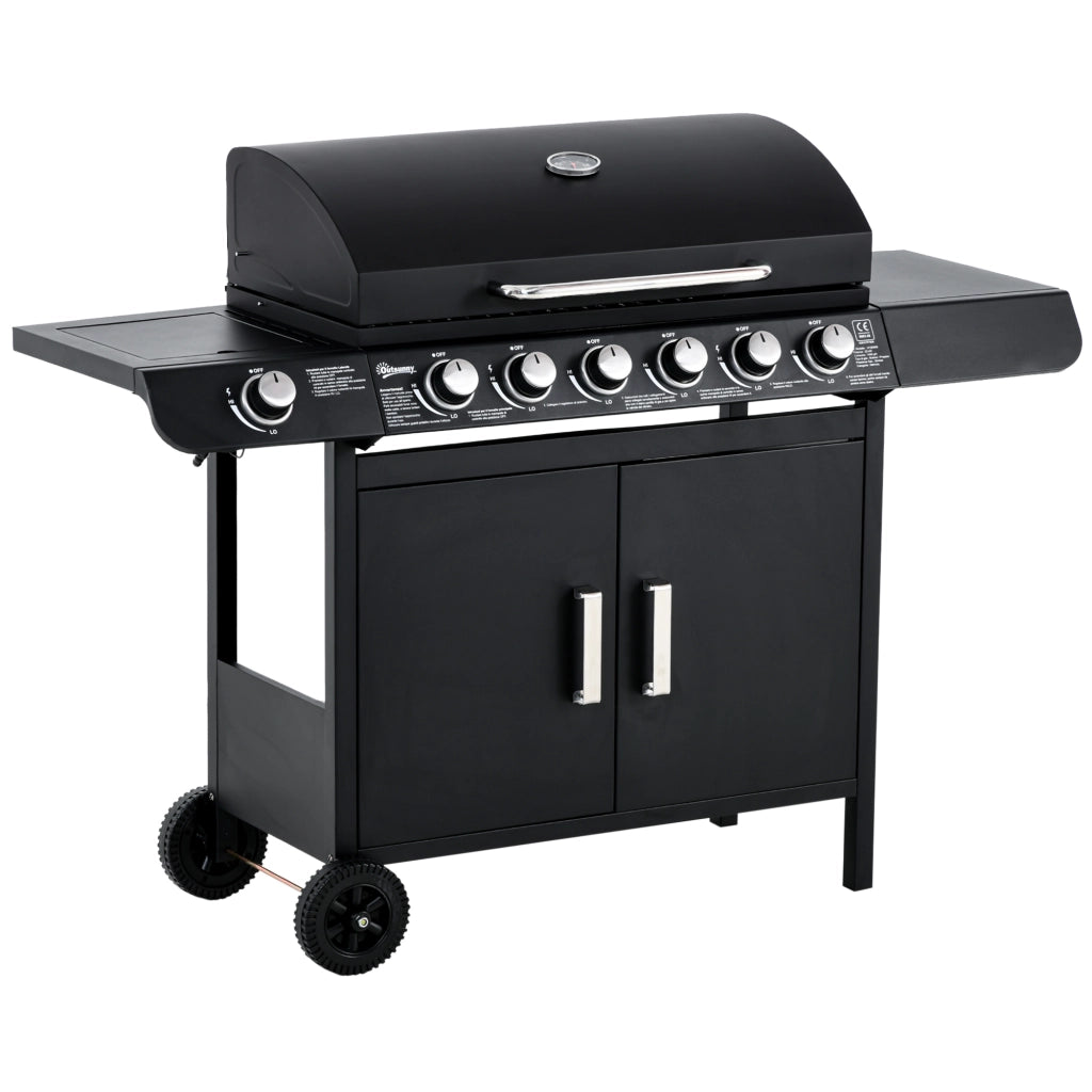 Barbecue a Gas con Coperchio, 7 Bruciatori da 20kW, Fornello Laterale e 2 Ruote, 135x50x100cm Nero