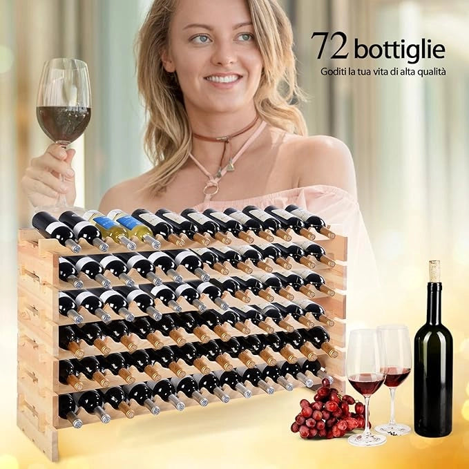 Portabottiglie per Vino in Legno, Scaffale per 72 Bottiglie di Vino, Cantinetta Porta Vino, Naturale (119 x 29 x 71,5 cm)
