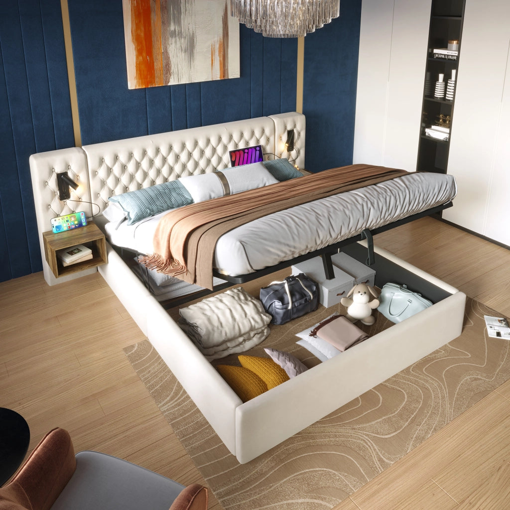 Letto matrimoniale con contenitore idraulico 160x200 cm; comodini; luci LED e materasso beige in velluto