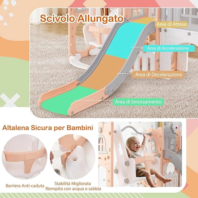 10 in 1 Parco Giochi per Bambini, Set Altalena e Scivolo con Canestro da Basket Telescopio Volante, Palestra da Gioco per Bambini 1 Anni + (Rosa)