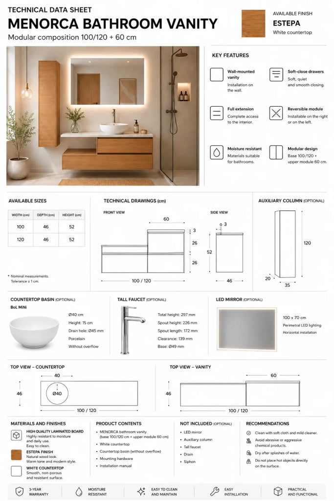 Mobile bagno componibile FORMENTERA senza specchio con modulo da 100 cm, lavabo senza colonna