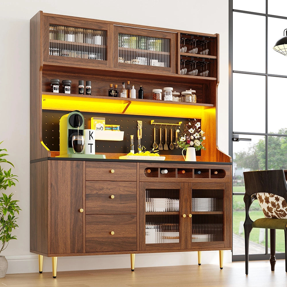 Armadio alto per soggiorno - Xylo - 145¡Á39¡Á171 cm - Noce - Ripiani regolabili, illuminazione LED, cassetto porta bottiglie