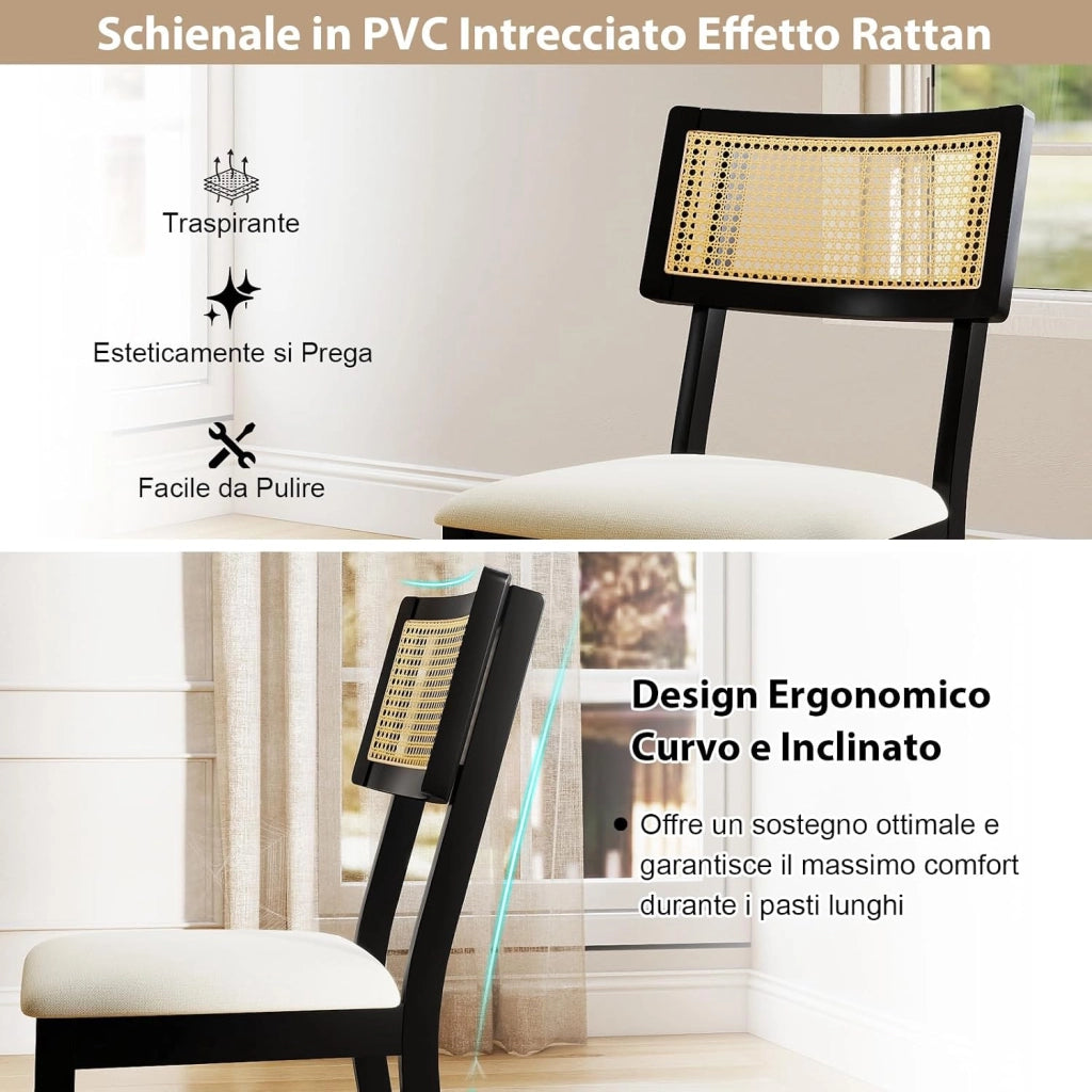 Set di 2 Sedie da Pranzo in Rattan, Sedie da Cucina Imbottite con Rivestimento in Tessuto, Gambe in Legno e Schienale Curvo per Soggiorno, Sala da Pranzo e Ristorante, Portata 180 kg