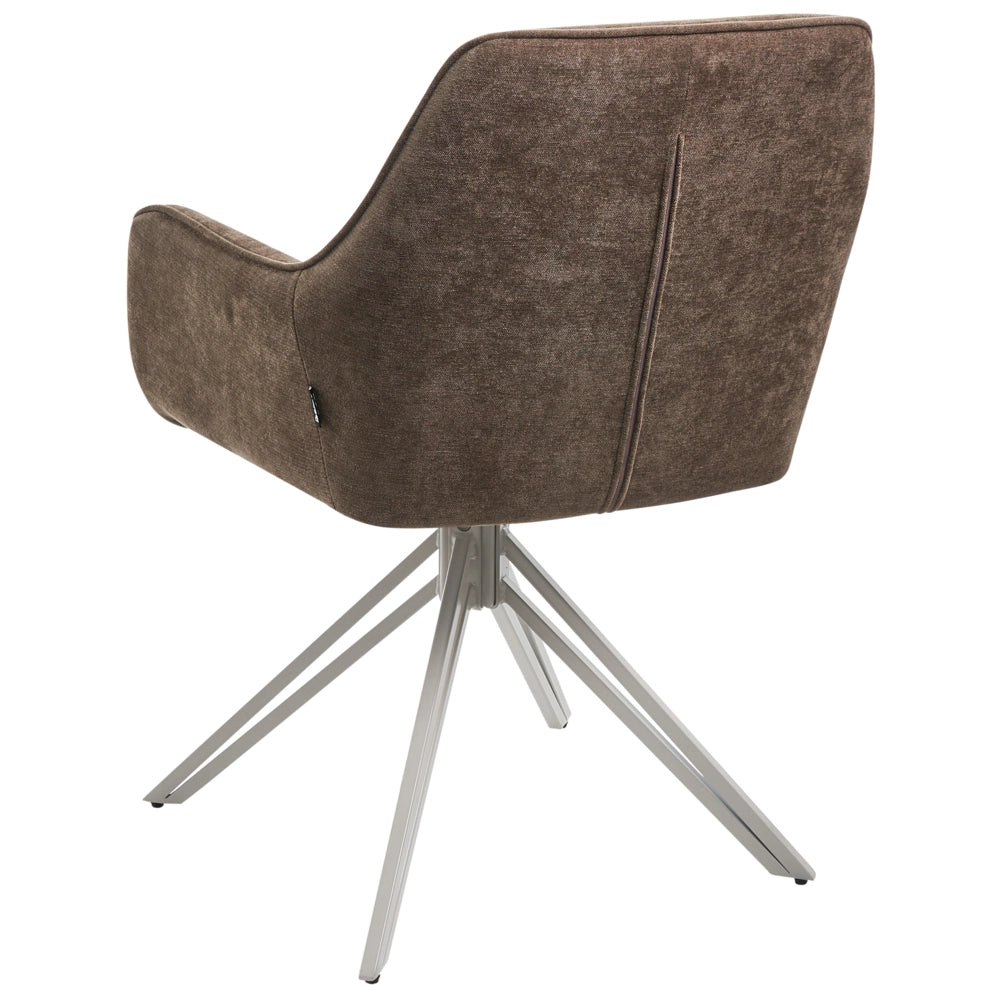 Set di 2 sedie da pranzo girevoli in tessuto marrone con braccioli e schienale, gambe in metallo beige, stile retrò-contemporaneo