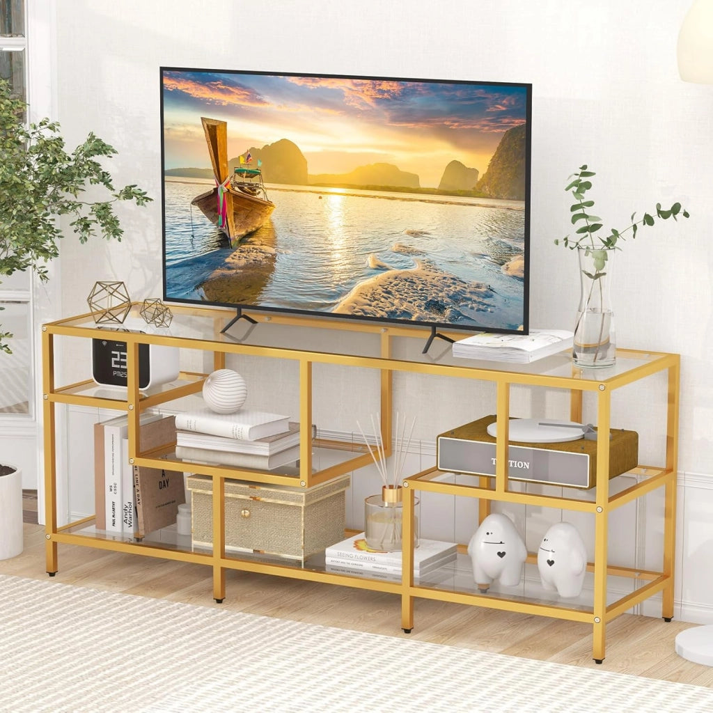 Mobile Porta TV fino a 65’’, Tavolo Consolle TV con Mensole in Vetro Temperato, Mobile TV con Struttura in Metallo, Supporto TV con Struttura in Metallo, per Soggiorno, Camera da Letto