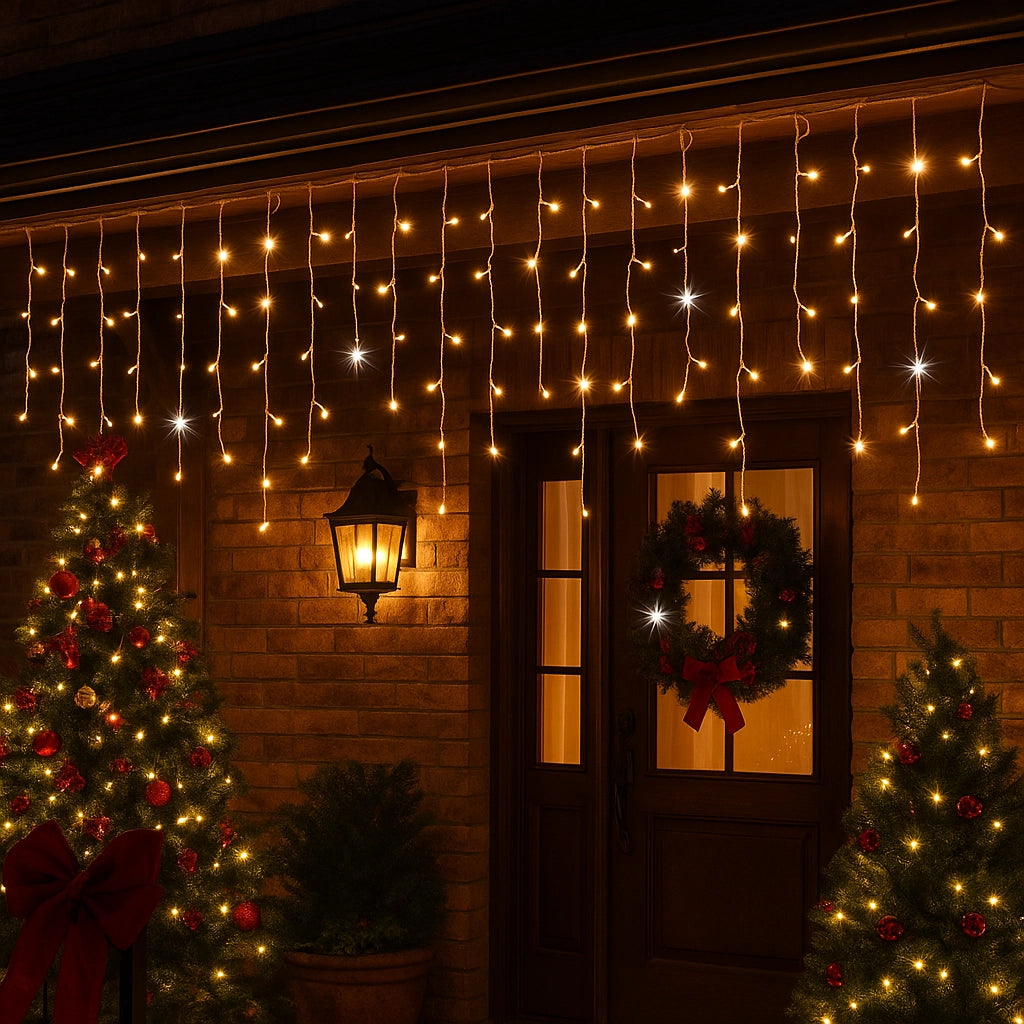 Tenda Luminosa LED 6m 256 Luci Calde con Flash Freddi, Prolungabile 31V per Esterno Interno – Cascata Luminosa Natalizia Tipo Stalattiti Decorazioni Festa