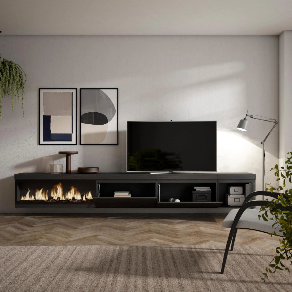 Mobile TV Soggiorno, 317x35x45cm, Camino elettrico XXL, da appendere, Nero RF3671