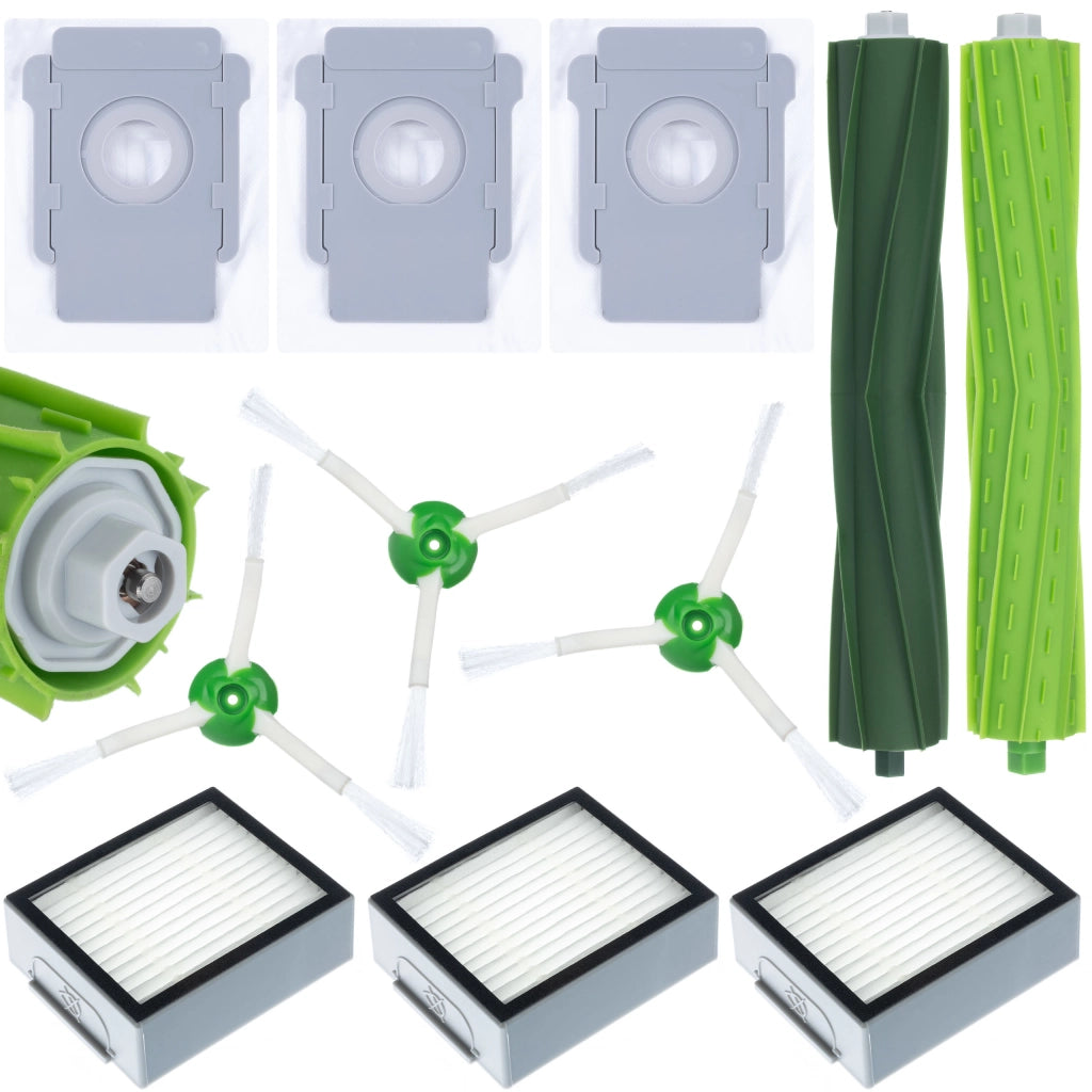 Set di Accessori di Ricambio per iRobot Roomba Serie E/I/J – 3 Sacchetti, 3 Filtri HEPA, 3 Spazzole Laterali, 2 Rulli