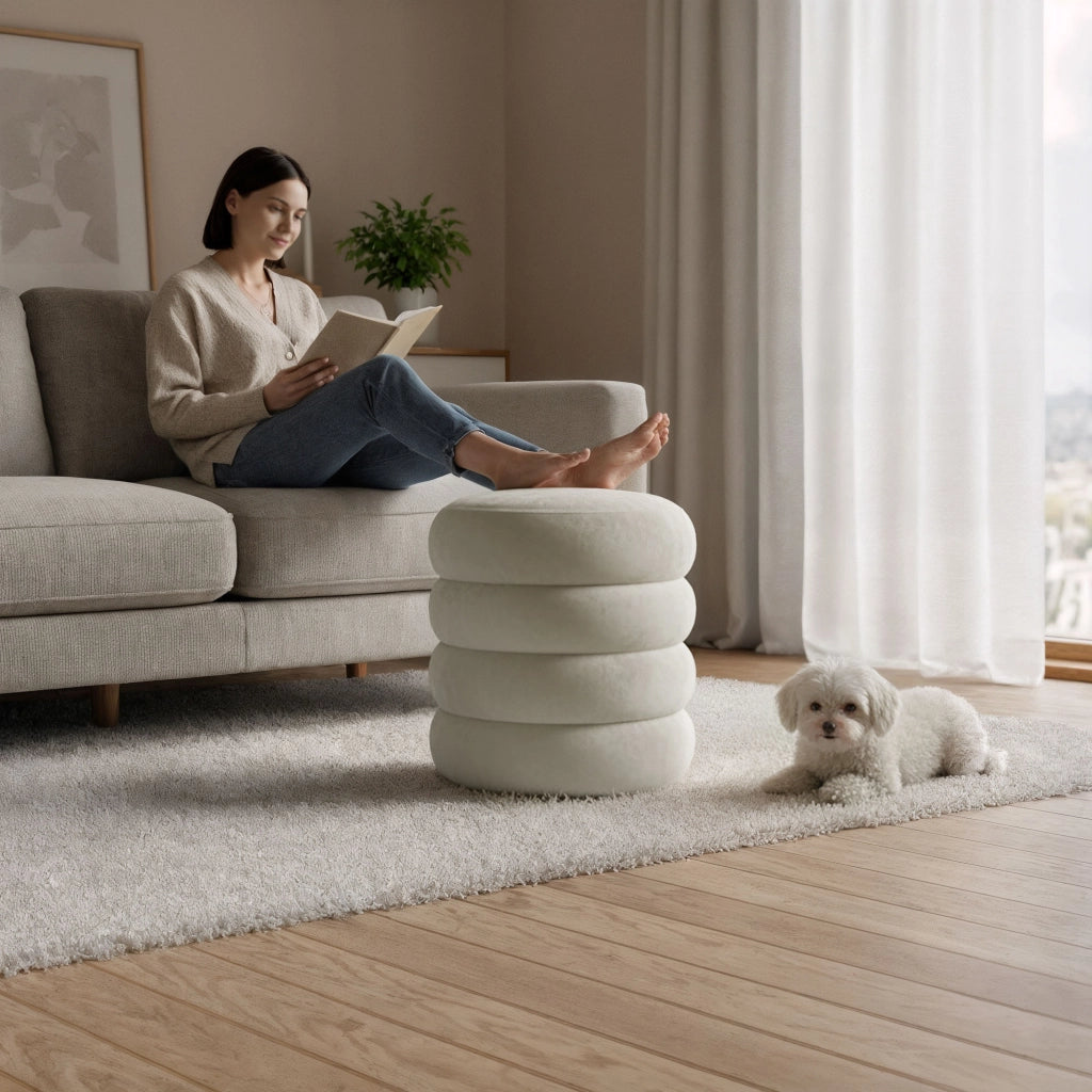 Pouf contenitore cilindrico in velluto 42 cm SNUGGO Crema