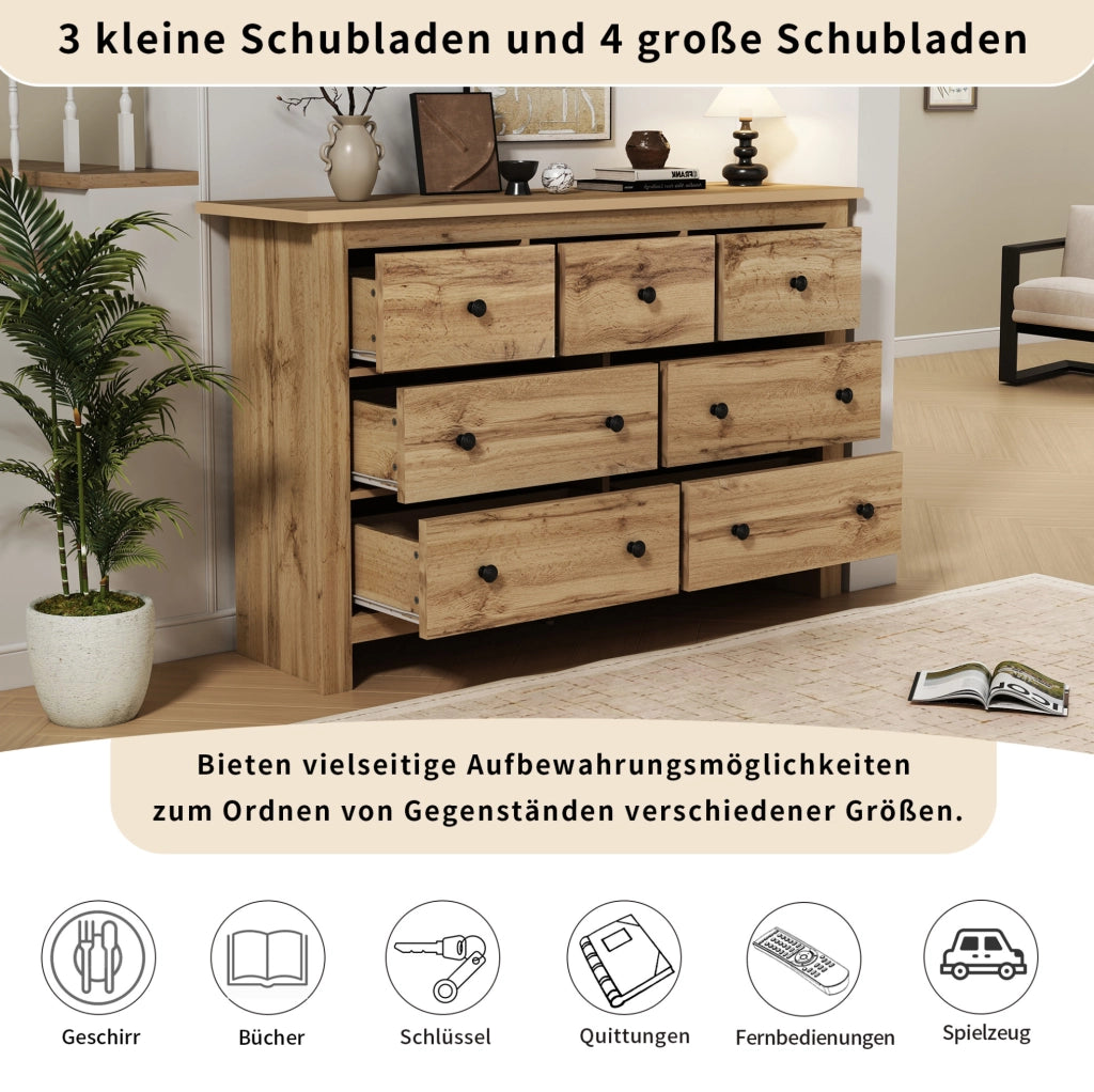 Sideboard moderno in legno con 7 cassetti, 152x40x89 cm