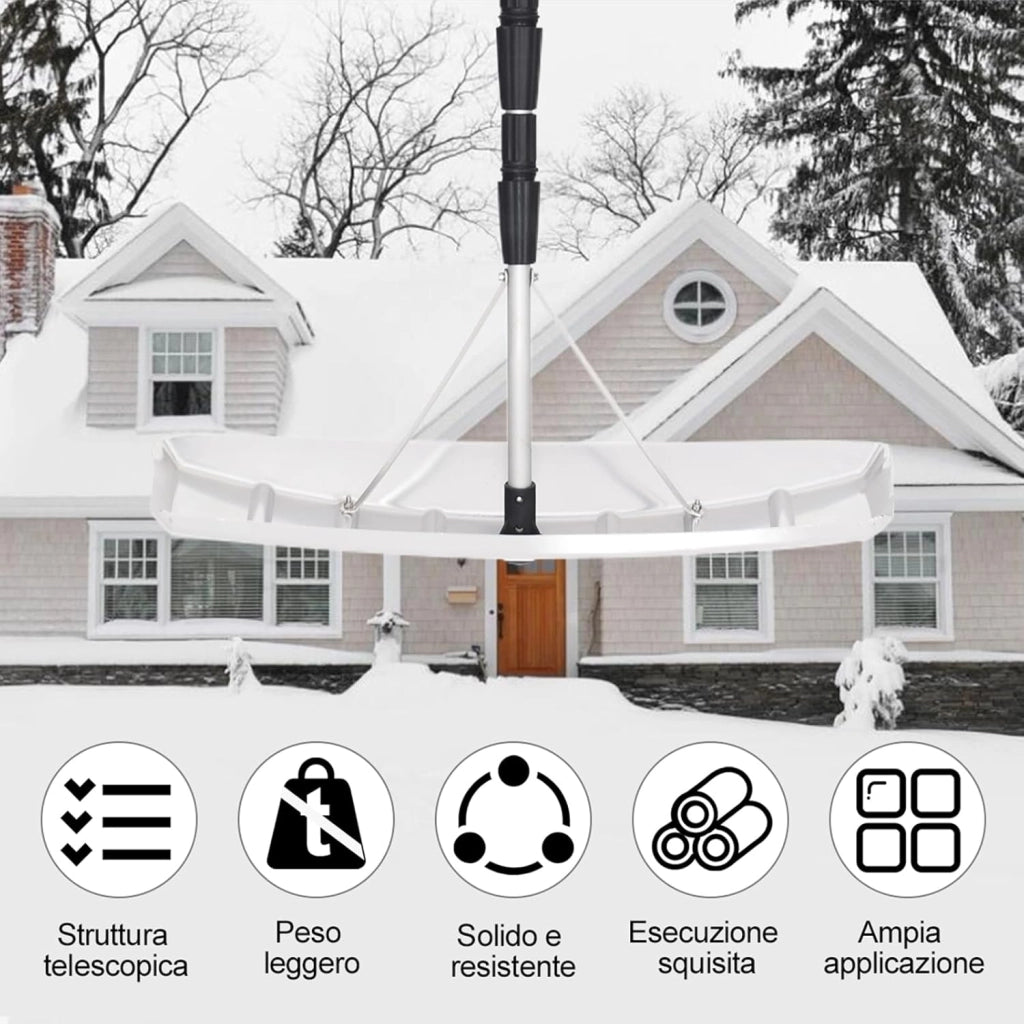 Rastrello da neve per tetti e Auto, telescopico e allungabile da 200 cm a 630 cm, pala da neve in alluminio, per vari occasioni, maniglia antiscivolo, con chiusura, bianco argenteo