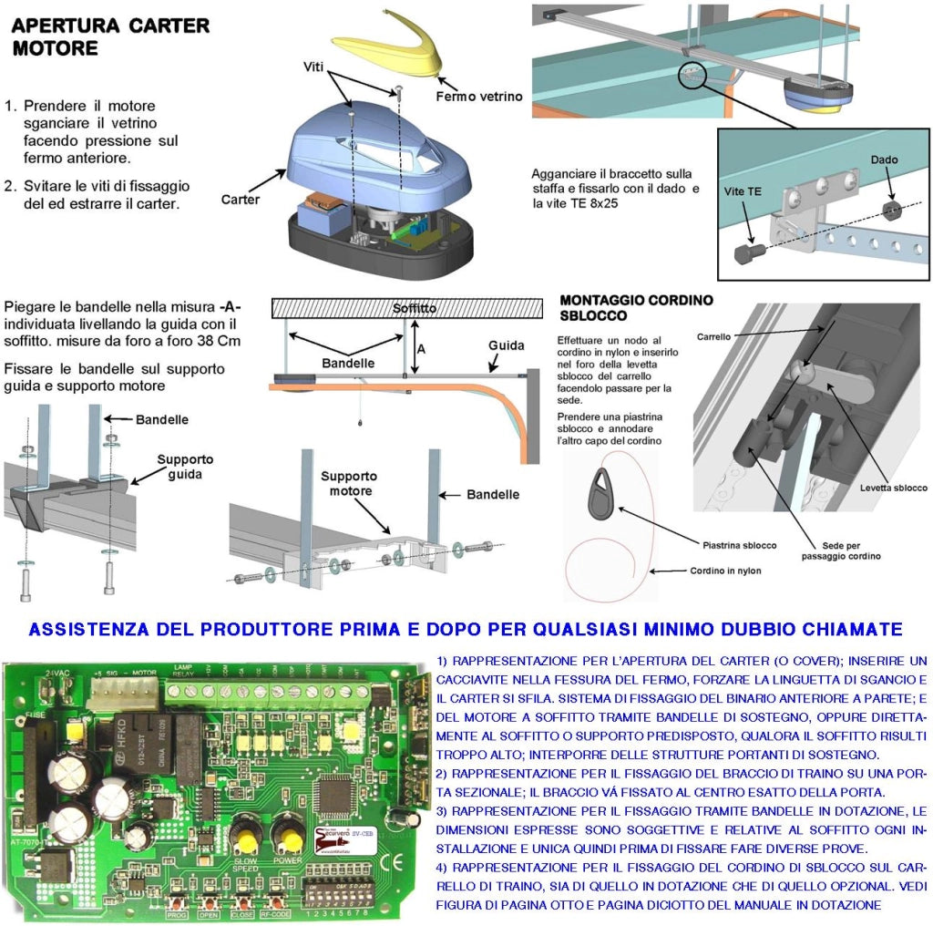 Kit Motore 220/24 V da Soffitto per Cler Basculante 70 Kg Automatica Selettore Binario Alluminio Catena Acciaio 3 Metri Cordino x Sblocco Pattino Archetto 3 Radiocomandi Faro Antenna Luce di Cortesia
