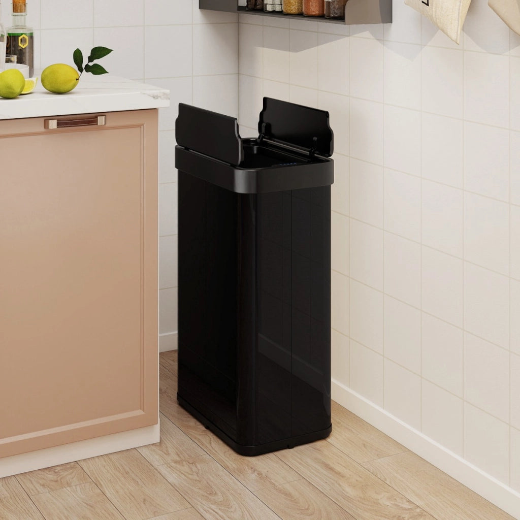 Cestino per rifiuti 60l con coperchi a ali pattumiera in acciaio inox spazzolato, Cestino bidone automatico sottile Nero-Organizzazione della cucina
