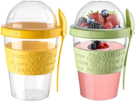 Contenitore per Overnight Oats 20oz 600ml - Piastra per Colazione da Viaggio - Ciotola per Cereali Riscaldabile con Coperchio e Cucchiaio - Ciotola per Yogurt per Parfait e Crunch Granola - Set da 2 Giallo/Verde