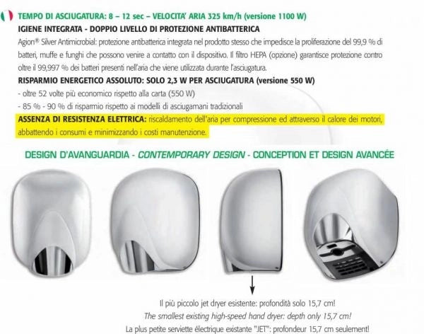 Asciugamani elettrico ECOSTREAM SF1100 hot alluminio Cromo satinato