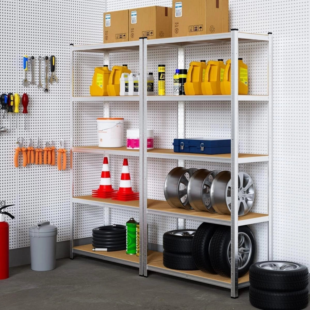 Set di 2 Scaffali per Carichi Pesanti, Scaffalature a 5 Ripiani in Acciaio e ripiani in legno, Senza Viti, in Garage, Portante 750 kg, 40 x 90 x 180 cm (TOTALE 40P X 180L X180A)