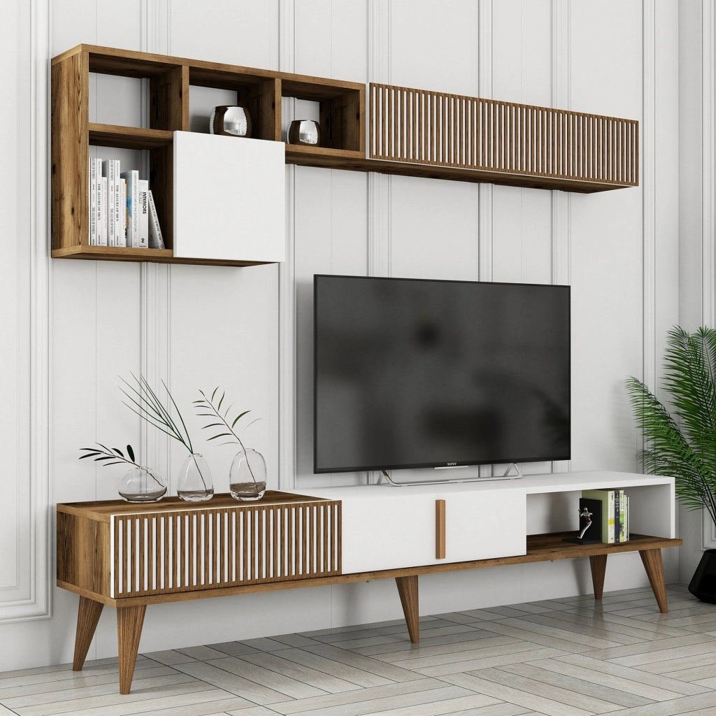 Cassacco, set Mobili da Soggiorno Modulabile, Marrone Noce