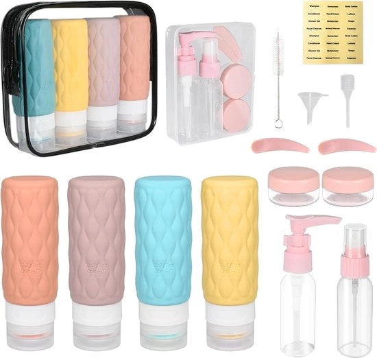 Set di flaconi di silicone per viaggio da 16 pezzi, 100 ml, flaconi di silicone per viaggio con chiusura a clip, flaconi di viaggio sicuri, set di flaconi di viaggio BPA-free per shampoo, lozione, condizionante, gel doccia, liquidi bagaglio.