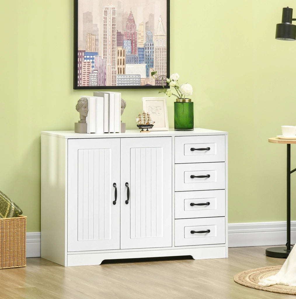 Credenza bianca con ripiano regolabile e 4 cassetti