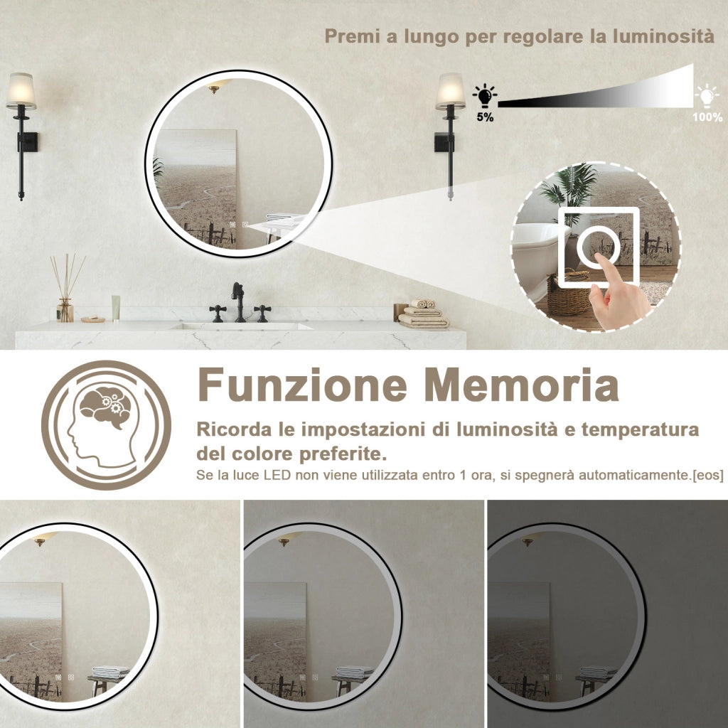 Specchio bagno Tondo Diametro 80cm Retroilluminato Con Led, Antiappannamento + 3 Luci