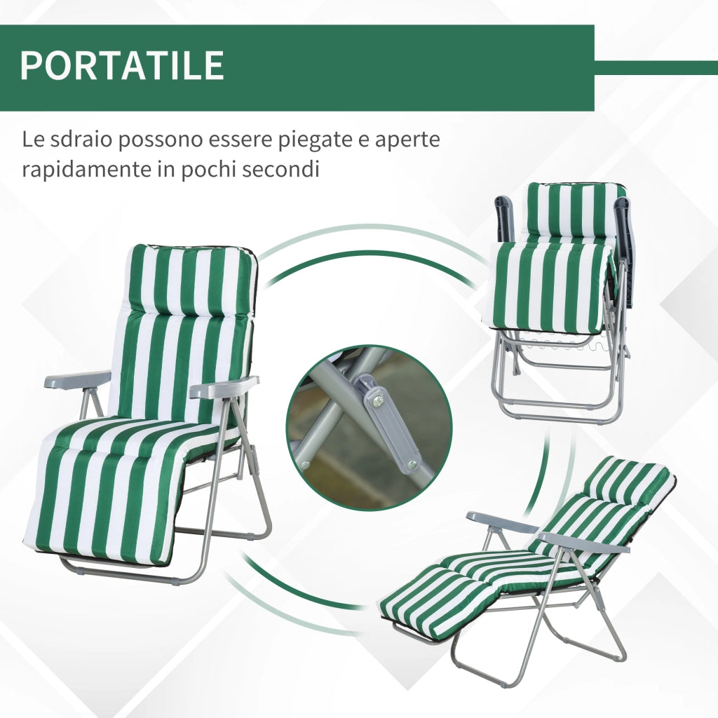 Sdraio da Giardino Pieghevole 2 Pezzi ¨C Minimal ¨C Verde e Bianco con Cuscino