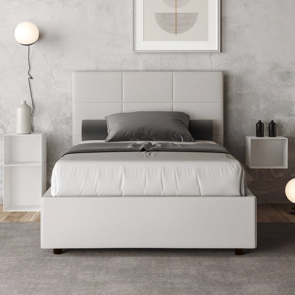 Letto Matrimoniale Francese 140x210 cm con Rete e Contenitore Mika Bianco