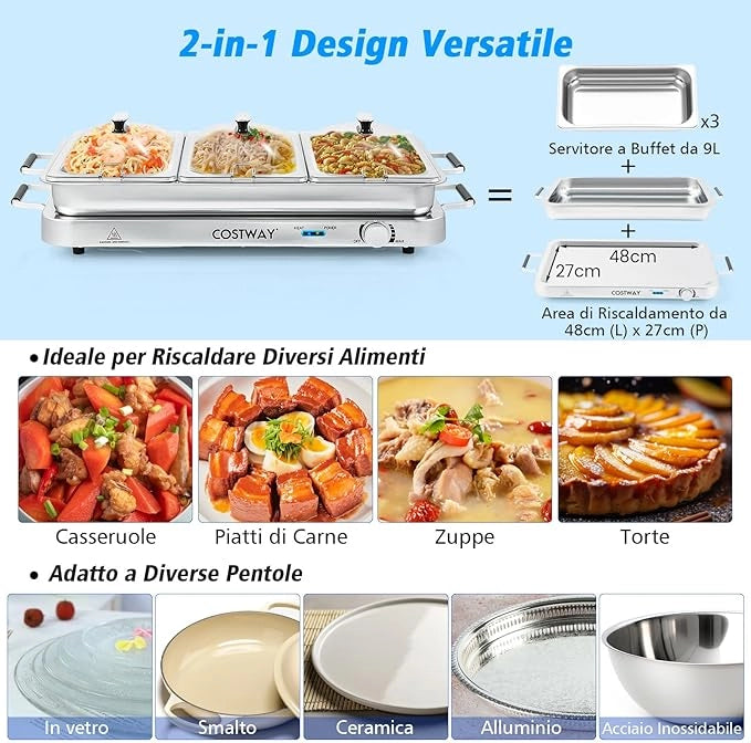 9 L Scaldavivande Elettrico Portatile, 2 in 1 Vassoio Riscaldante Elettrico con Controllo della Temperatura, Scalda Vivande in Acciaio da 450W con 3 Vassoi, per Buffet Feste