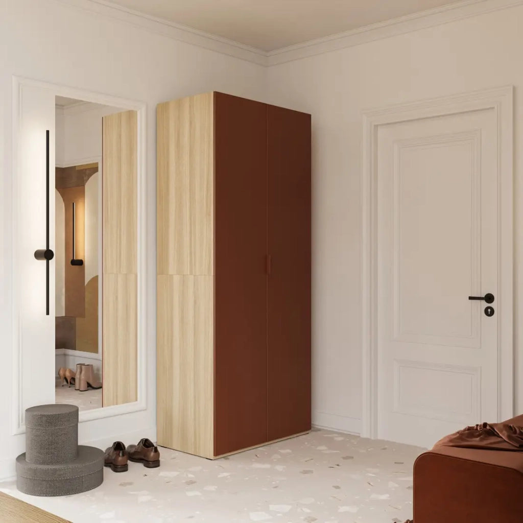 Armadio CALMIA terracotta e quercia chiara 90 cm con appendiabiti e scaffali