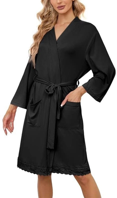 Badjas Dames Korte Kamerjas con Maniche 3/4 in Felpa (Nero, L)