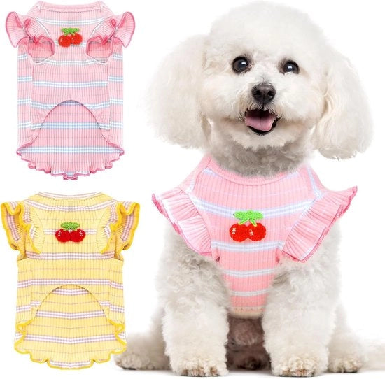 Set di 2 maglietta a strisce per cani piccoli, abitini rosa carico e giallo per cani e gatti piccoli, giacca senza maniche di cotone soffice per cuccioli, abbigliamento estivo per animali domestici (rosa + giallo, M)