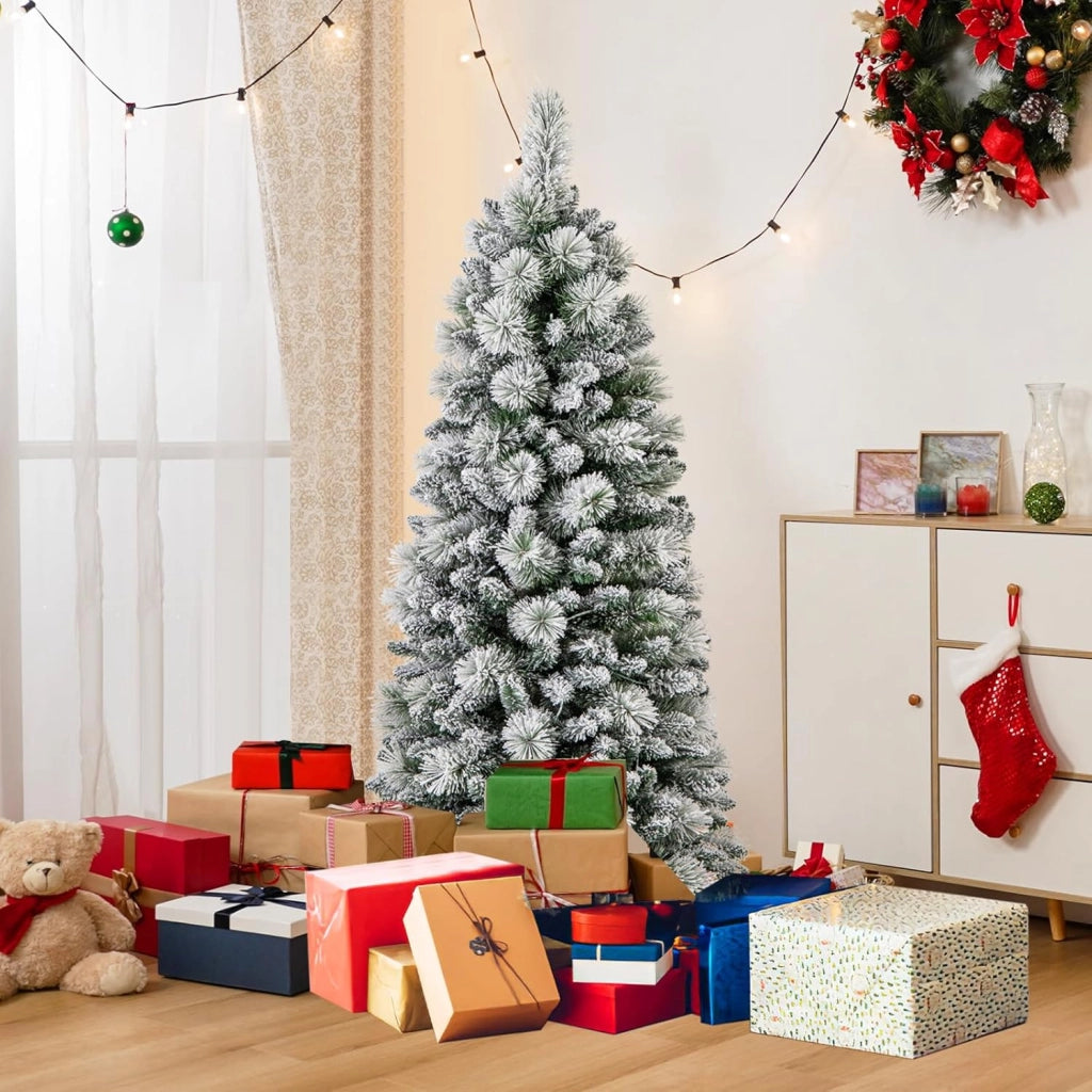 Albero di Natale Innevato 150 cm/180 cm, Albero di Natale Pop-Up con 130/170 Luci LED Bianco Caldo, Aghi di Pino, 378/517 Punte di Rami e Sezione Pieghevole & Supporto in Metallo (150 CM)