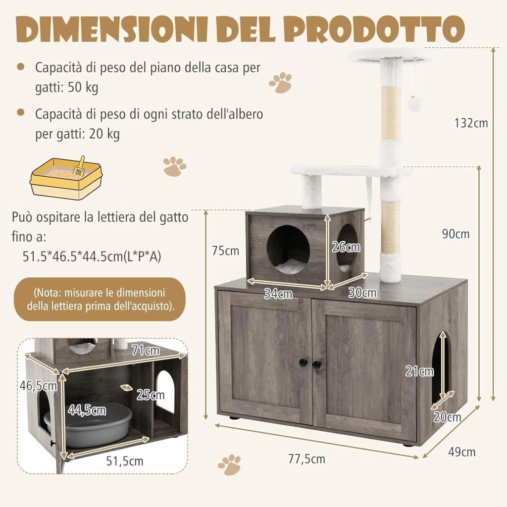 Tiragraffi per Gatti Adulti con Rifugio ad Ante Nascosto, Torre per Gatti con Cuccia, Piattaforma, Cuscini e Tiragraffi, Albero per Animali Grandi Alto in Legno, 77,5 x 49 x 132 cm (Grigio)