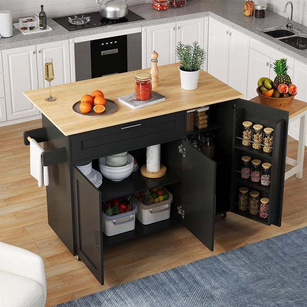 Tavolo da cucina mobile - Xylo - L132,5*L44(70)*H90cm - Grano di quercia - Piano di lavoro ribaltabile, ripiano spezie, portasciugamani