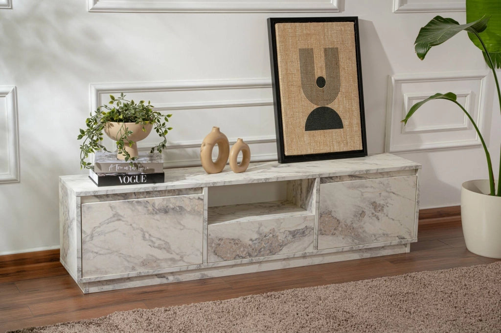 Mobile porta TV Morrigan, Credenza da soggiorno, Armadio basso per TV, Base parete attrezzata, 160x30 h42 cm, Marmo